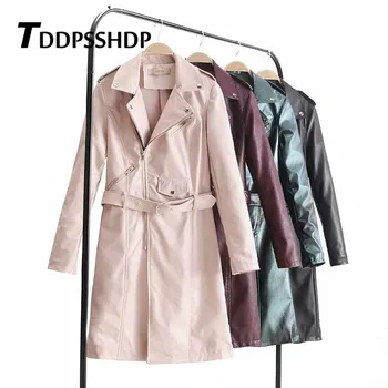 

Women Spring Long Sleeve Pu Leather Dress Elegant Waist Belt Lapel Pocket Office Lady Fashion Female Dresses