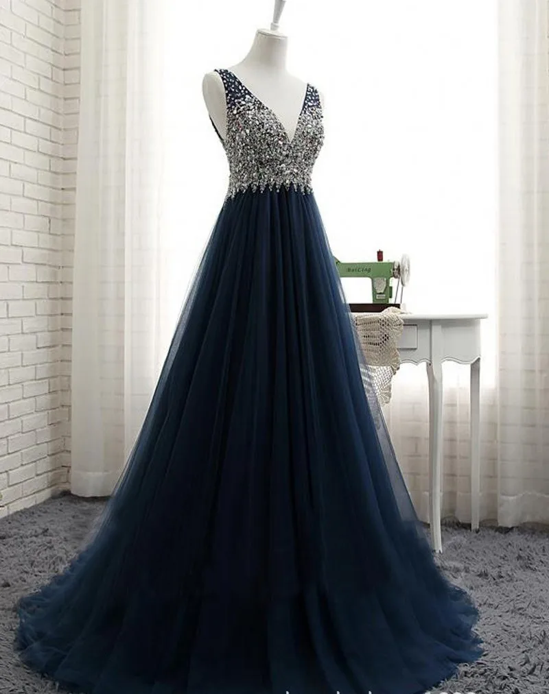 Ensotek Новое Вечернее платье с v-образным вырезом и открытой спиной, украшенное кристаллами, сексуальное темно-синее длинное платье макси без рукавов, вечерние платья для выпускного вечера
