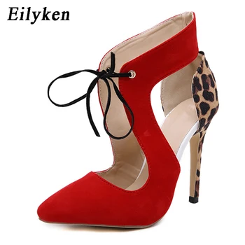 

Eilyken High Heels Red Leopard Shoes Women Pumps Wedding Lady Pointed Toe Flock Sexy 11 cm Wedding Cross-tied Sapato Feminino