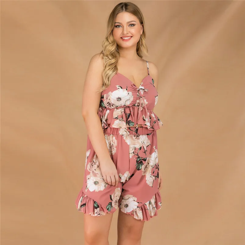 Two Pieces Womens Fashion Print Plus Size Sleeveless V-Neck Top Camis Short Loose Short Pants Suit Conjuntos De Mujer 40JU06 (6)