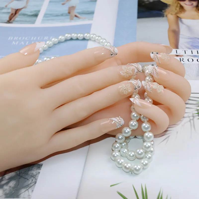 

Girls Middle Long Size Full Nail Tips Bride Rhinestone Transparent Color Fake Nails 3D Flower Decoration False Nails Art Tools