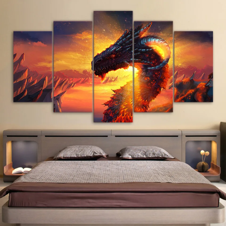 

Modular Wall Art Pictures Home Decor Room HD Printed Poster Frame 5 Panel Dragon Fire Game Abstract Canvas Oil Painting PENGDA