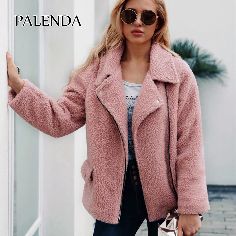 

Warm women faux fur coat short slim regular lambswool jacket coat zipper design