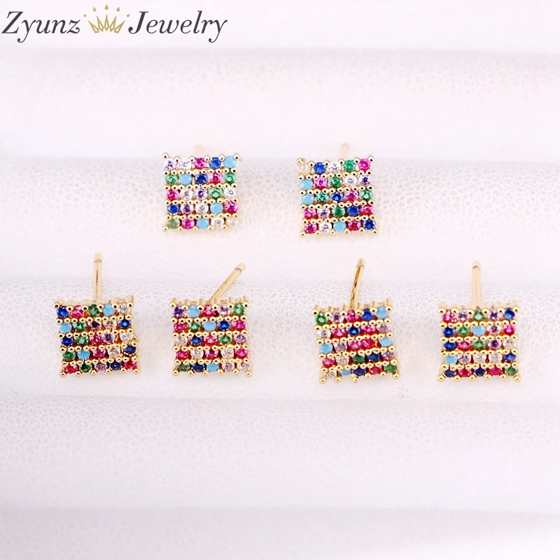 

10Pairs, 8mm, Colorful cz paved Rainbow CZ Crystal Studs, Jewelry delicate earring square shape micro pave CZ earring studs