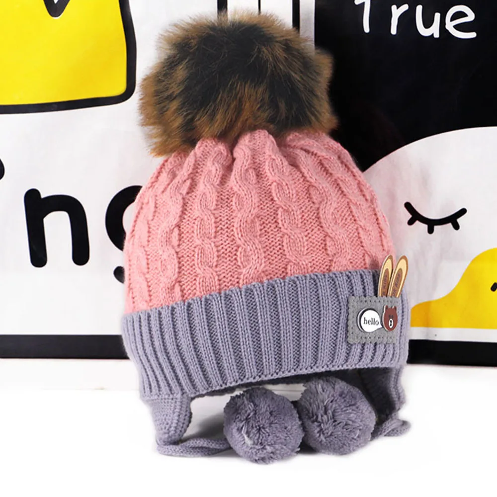 

Winter Kids Warm Earmuffs Hat Kitted Caps 3 Pompons Crochet 46-50CM Infant Bright Color Hats Long Tie 1-4 Years Baby Knit Cap