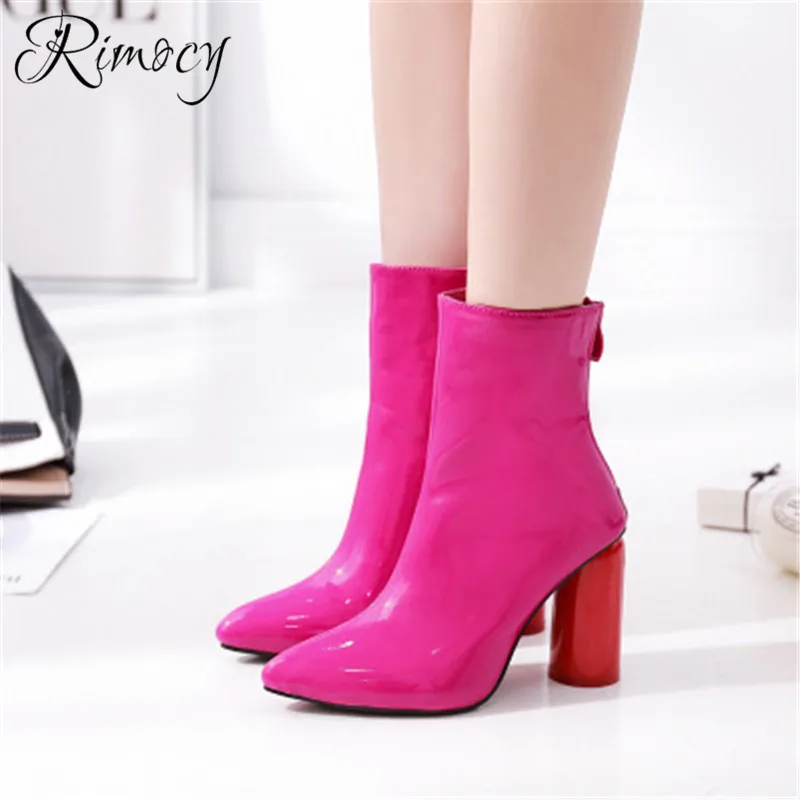 

Rimocy hot pink shoes woman patent leather ankle boots for women 2019 spring waterproof botines mujer fashion round heels botas