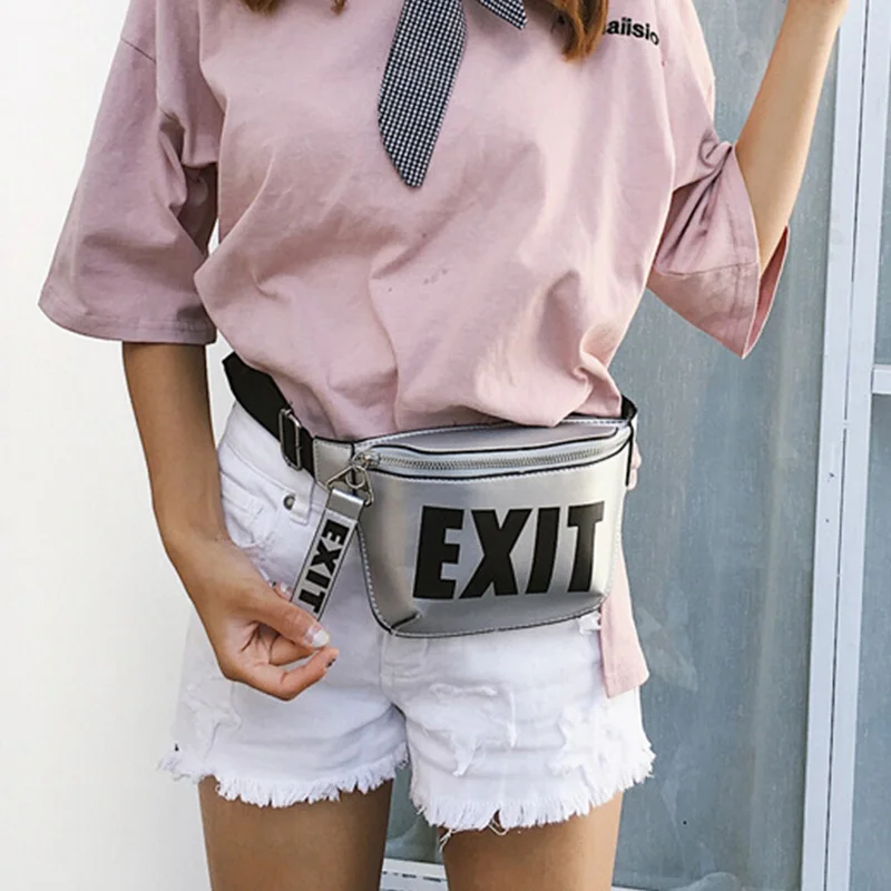 Fashion PU Leather Waist Bag Women Fanny Packs Letter EXIT Waist Packs Belt Bag Female Chest Handbag