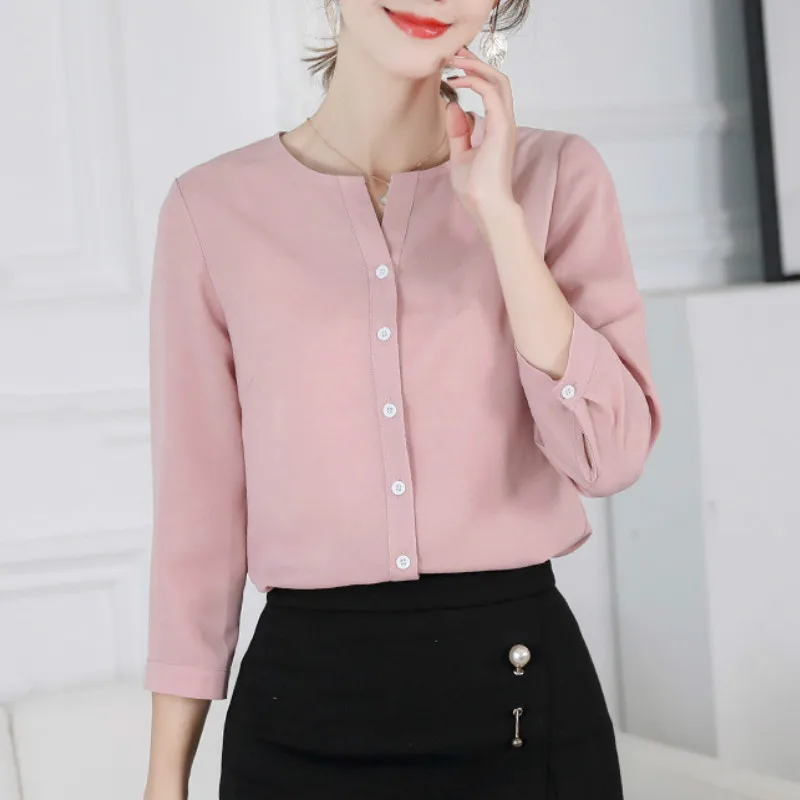 Весна Осень Женская белая рубашка на пуговицах рубашки Корейская женская уличная обтягивающая Шифоновая Блузка Элегантные женские топы блузка розового цвета