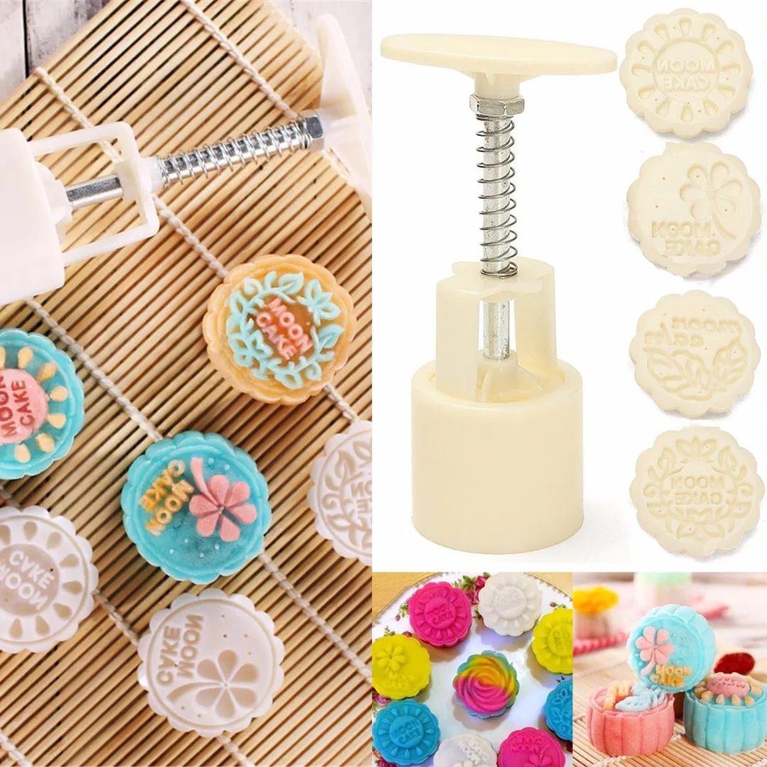 JX-LCLYL 3D Round Moon Cake Mould Set Biscuit Mooncake With 4 Stamps Home DIY Beige New