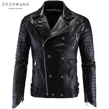 

ZOZOWANG 2020 spring Autumn Casual Zipper Leather Jacket skull button Motorcycle Leather Jacket Men PUNK Mens Jackets Coats 5XL