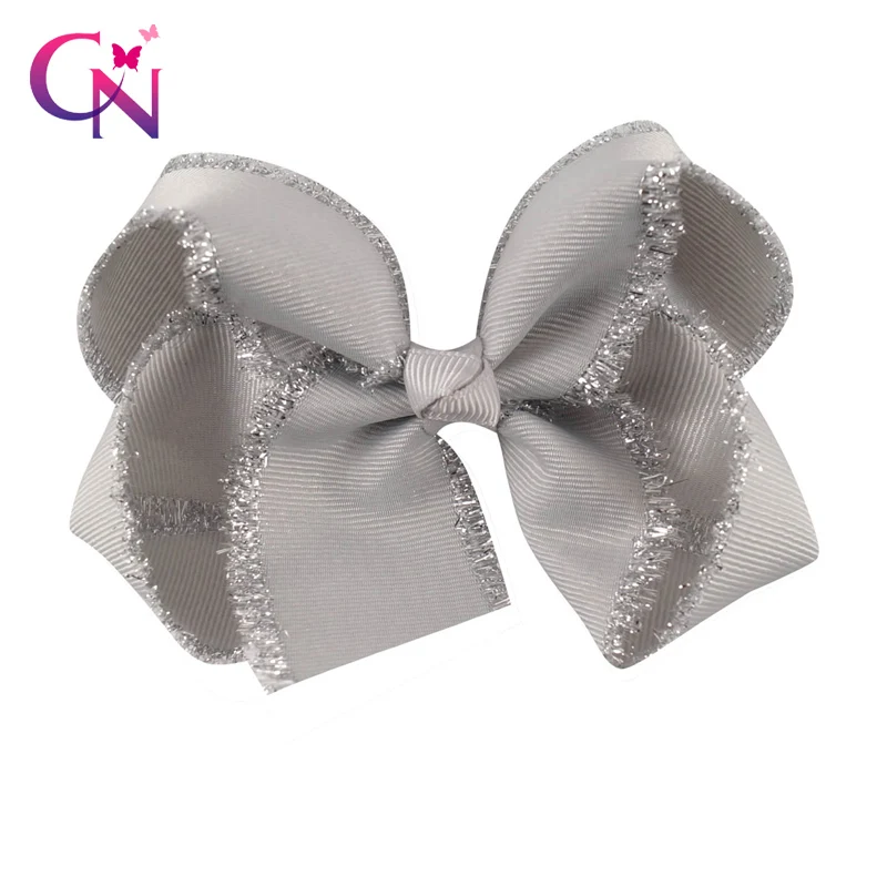 

2 Pcs/lot 4" Kids Head Accessories Solid Grosgrain Ribbon Hairbow With Clips Handmade Glitter Edge Hair Bow Girls Headwear