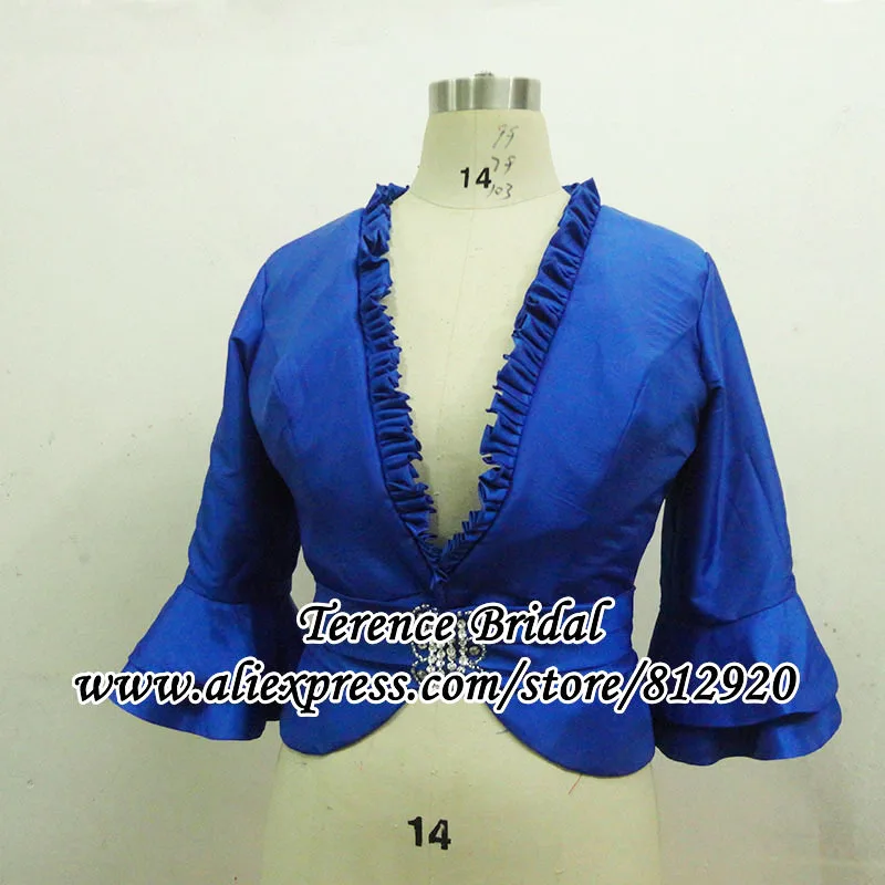 

Custom Size Royal Blue Taffeta Bolero Jackets For Evening Dresses With Sleeves
