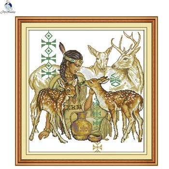 

JoySunday DIY cross stitch kits needlework A maiden feeding a deer 14CT 11CT cotton painting gift art factory wholesale Deal