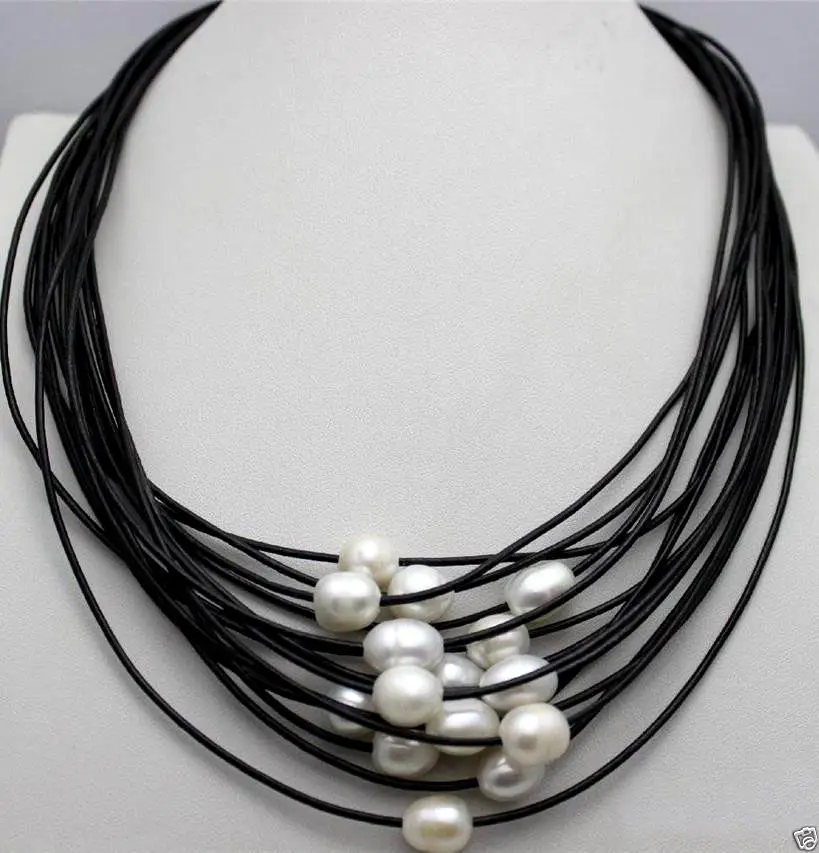 

Free Shipping >>>>> 10x12mm White freshwater pearl 15strands black leather cord necklace 19-23"inch