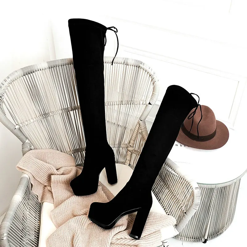 High Heel Platform Over the Knee Boots Women Sexy Block Thigh Boots Ladies Winter Stretch Boots Black Red Thigh Boots New