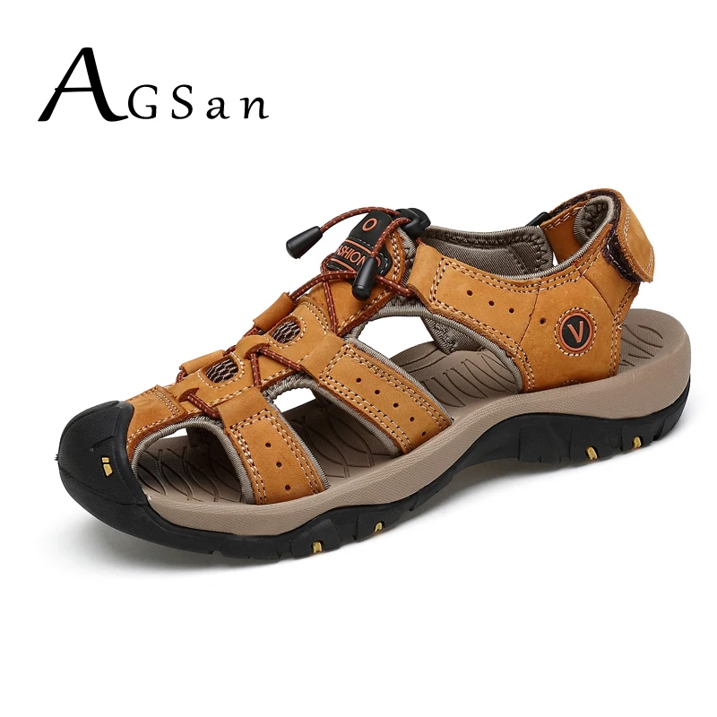 

AGSan Sandals Men Big Size 38-47 Summer Genuine Leather Men Beach Shoes Comfortable Leather Mens Sandals Solid Color Shoes