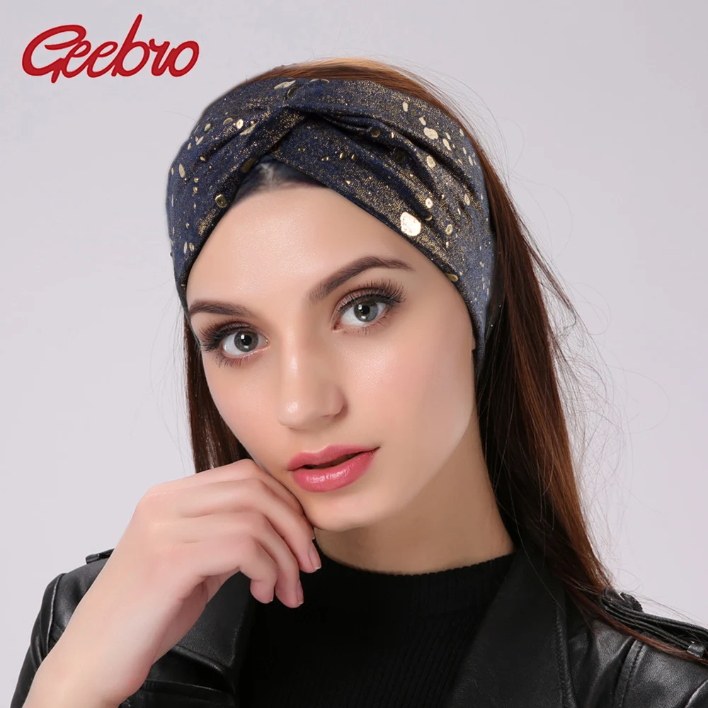 Geebro Women's Metallic Color Wide Elastic Headbands Fashion Cross Knotted Turban Knitted Headband for Ladies Wrap Bow Hairband