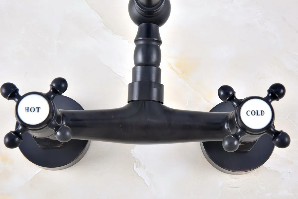 Kitchen Wet Bar Bathroom Vessel Sink Faucet Black Oil Rubbed Bronze Wall Mounted Swivel Spout Mixer Tap Dual Cross Handle mnf451