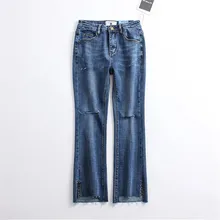 Летние женские джинсы со средней талией, модные в заклепках рваные прямые тянущиеся по щиколотку сексуальные обтягивающие элегантные женские синие джинсы