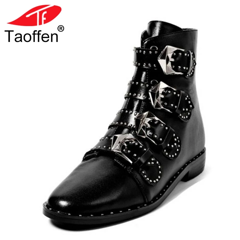

TAOFFEN Woman Flats Boots Real Leather Metal Buckle Women's Shoes Woman Ankle Boots Vintage Shoes Woman Footwear Size 34-39