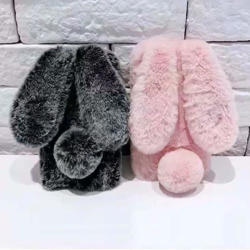

Lovely Rabbit Ears Fur Plush Phone Case For iPhone X XR XS Max 7 8 Plus Winter Bunny Fluff Cover For iPhone 6 6s Plus 5s SE Case