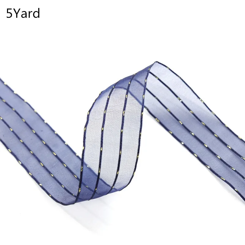 Горячая распродажа 2,5 см Золотая Полоска с краями, Снежная пряжа, лента из органзы, сделай сам, ручная работа, для изготовления свадебных, рождественских, праздничных украшений - Цвет: Navy