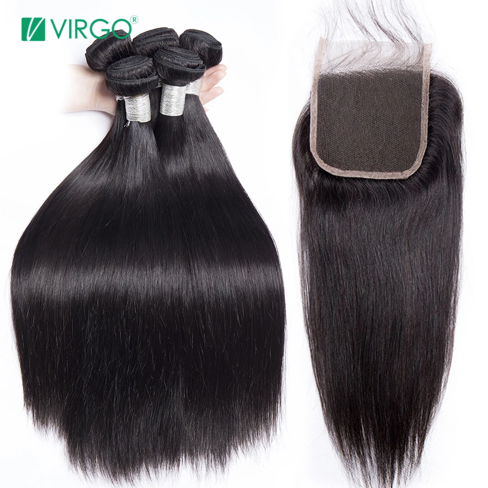 Virgo Malaysian Straight Hair 4 Bundles With Closure Human Hair Weave Bundles With Closure Remy Hair Extensions Can be Dyed
