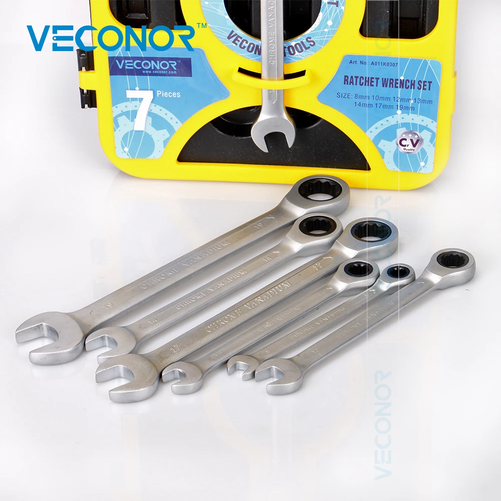 8-19mm 7PCS Ratchet Wrench Set of Keys Tools Combination Spanner Dull Polish CRV Steel High Torque With Inserted-designed Case