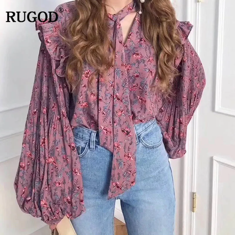 RUGOD винтаж лук выдалбливают рубашки блузка для женщин фонарь с длинным рукавом