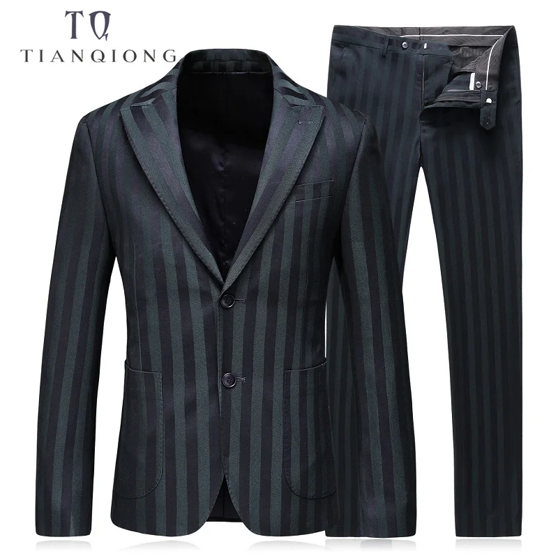 

TIAN QIONG Stripe Men Suit Custom Made Navy Green Mens Striped Suit,Tailored Two Button Breasted Men Suits with Ticket Pocket