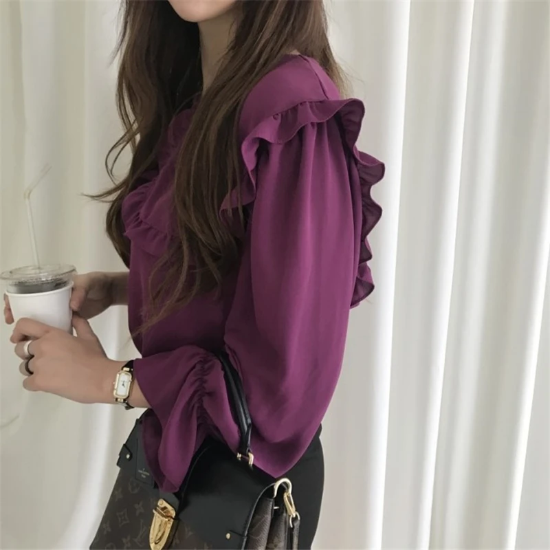  Hzirip Women Blouses 2018 Autumn Fashion Casual Peter Pan Collar Solid Shirt Long Sleeve Women Ruff