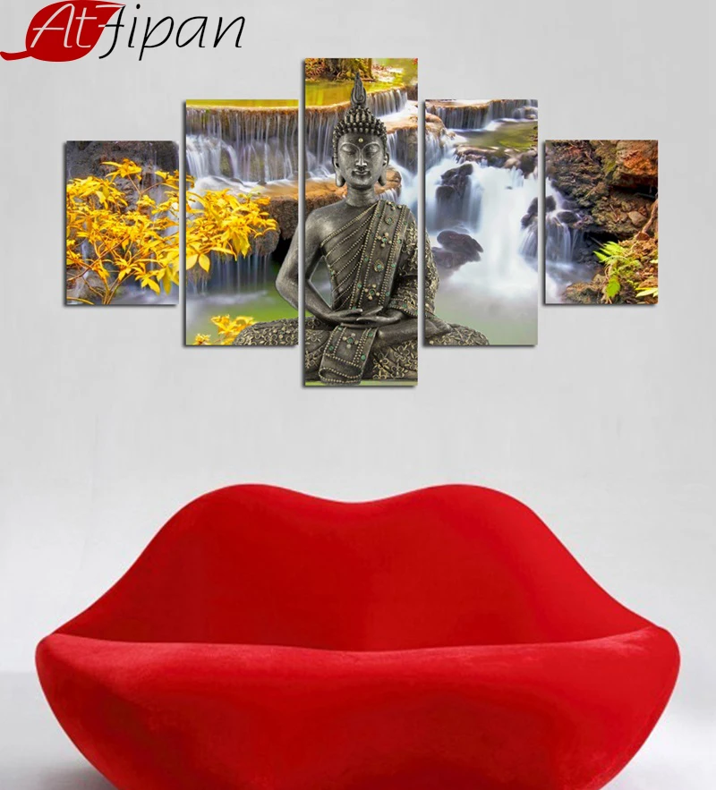 

AtFipan Modern Unframed Pictures Canvas HD Prints Living Room Wall Art Figure Of Buddha Waterfall Landscape Background Painting