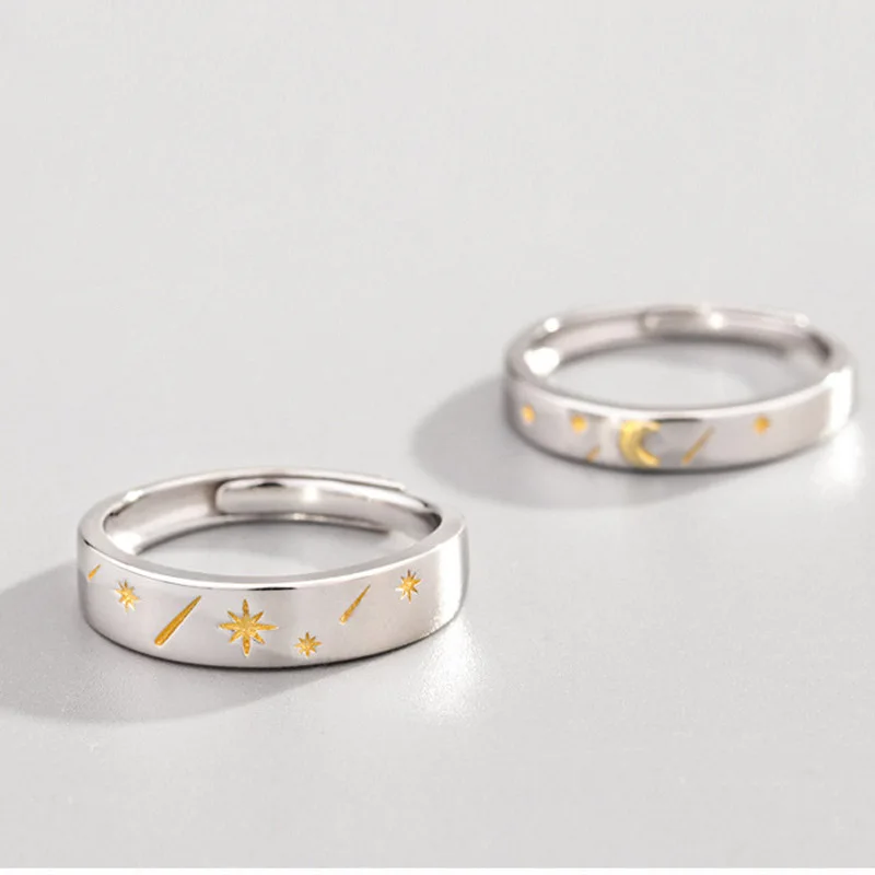

Unique design real 925sterling silver day night star moon open adjustable couple rings for lovers best wedding gifts drop free