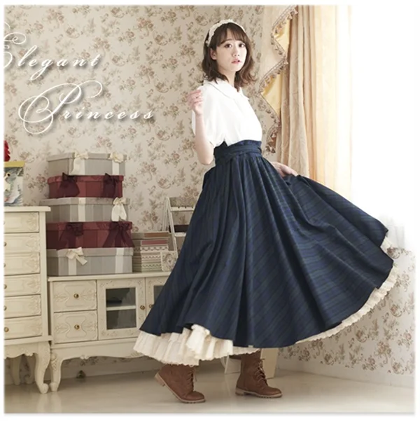 

Female Japan Style British Faux-Two Piece Short-sleeve Plaid Women Dress Retro Mori Girl Lolita Long Dresses Tunique Robe Femme