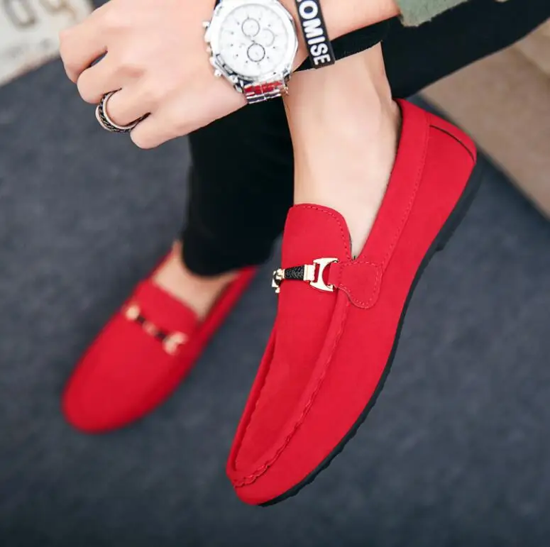 Leather Loafers Red Solid Moccasins Slip on Men PU27 – iawear