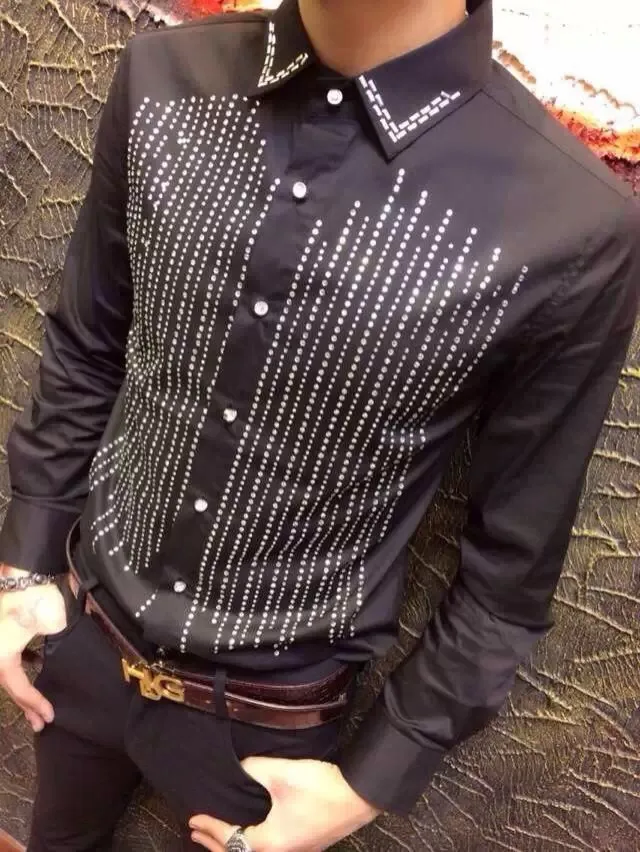 S XXL ! 2016 Men's clothing rhinestones slim personalized fashion long sleeve shirt autumn trend