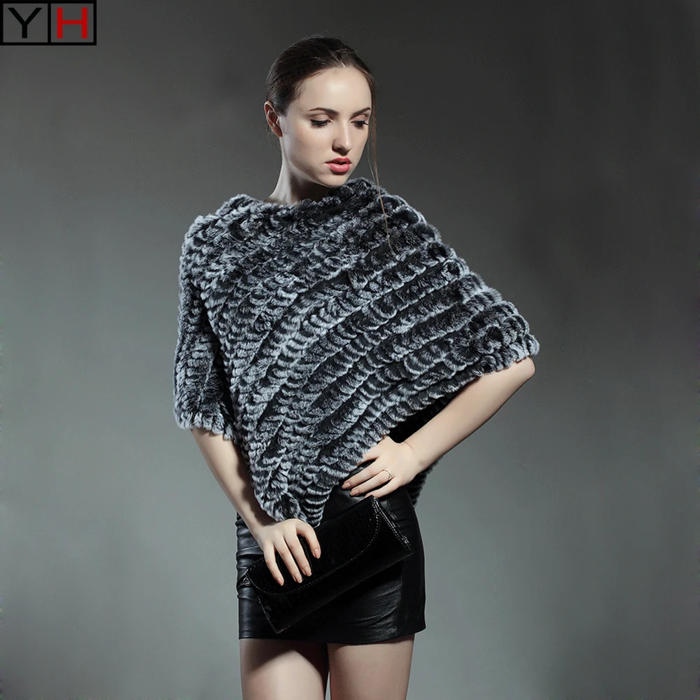 

spring autumn women Knitted Rabbit Fur Poncho Wrap scarves 100%natural rabbit fur Shawl triangle Cape Lady Fashion fur shawl