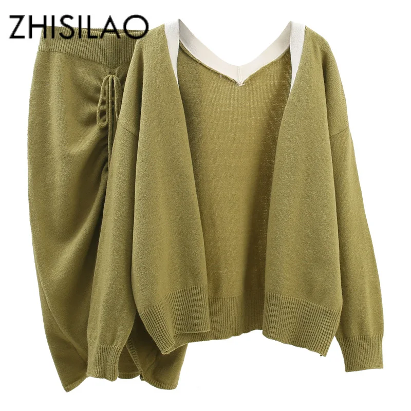 

2 Piece Set Women Suit Winter Knitted Sweater Tracksuit Mujer Sweater Cardigan + Knit Skirt Solid White Cashmere Suit 2019