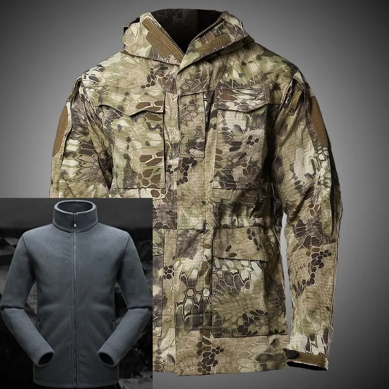 Зимняя флисовая подкладка и тактический Тренч M65, Мужское пальто, армейские военные водонепроницаемые пальто, ветровка с капюшоном, верхняя одежда, весенняя одежда - Цвет: Green python liner