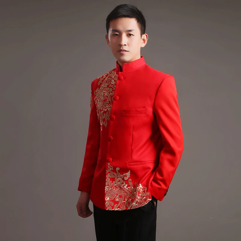 Современный Cheongsam Топ Vestido традиционная одежда для жениха Ципао Красная Вышивка
