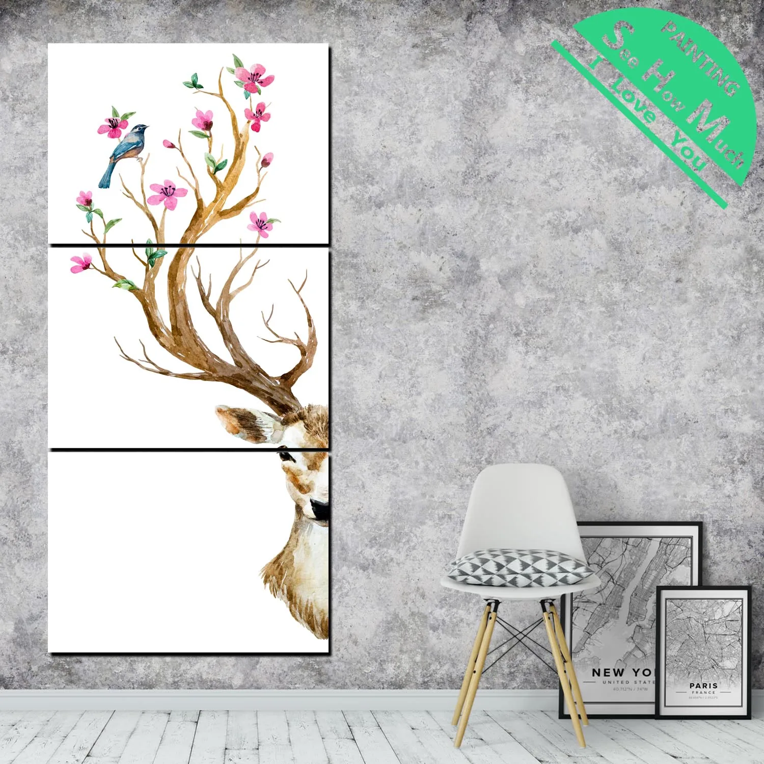 

3 Pieces Sika Deer Flower Wallpaper Artwork HD Printed Canvas Painting with Pictures Decoration for Living Room Poster