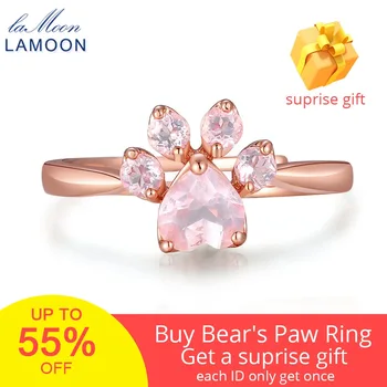 LAMOON Bear's Paw 5mm 100% Natural Pink Rose Quartz Adjustable Ring 925-Sterling-Silver Fine Jewelry for Women Wedding RI027-2