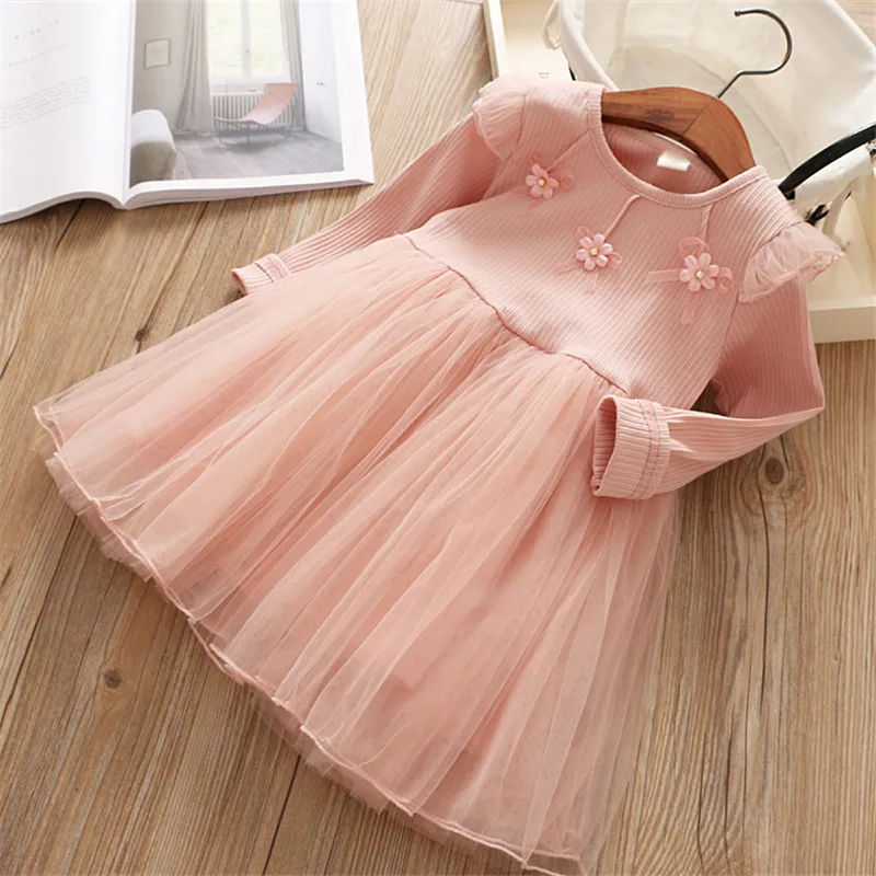 

2018 autumn high quality girls dress casual stripe flower bow kid children girls clothing party dress princess dress for girls