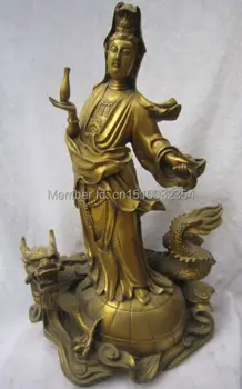 

15"Chinese Bronze Kwan-yin Guanyin Guan Yin Hold Vase Ride On Dragon Statue