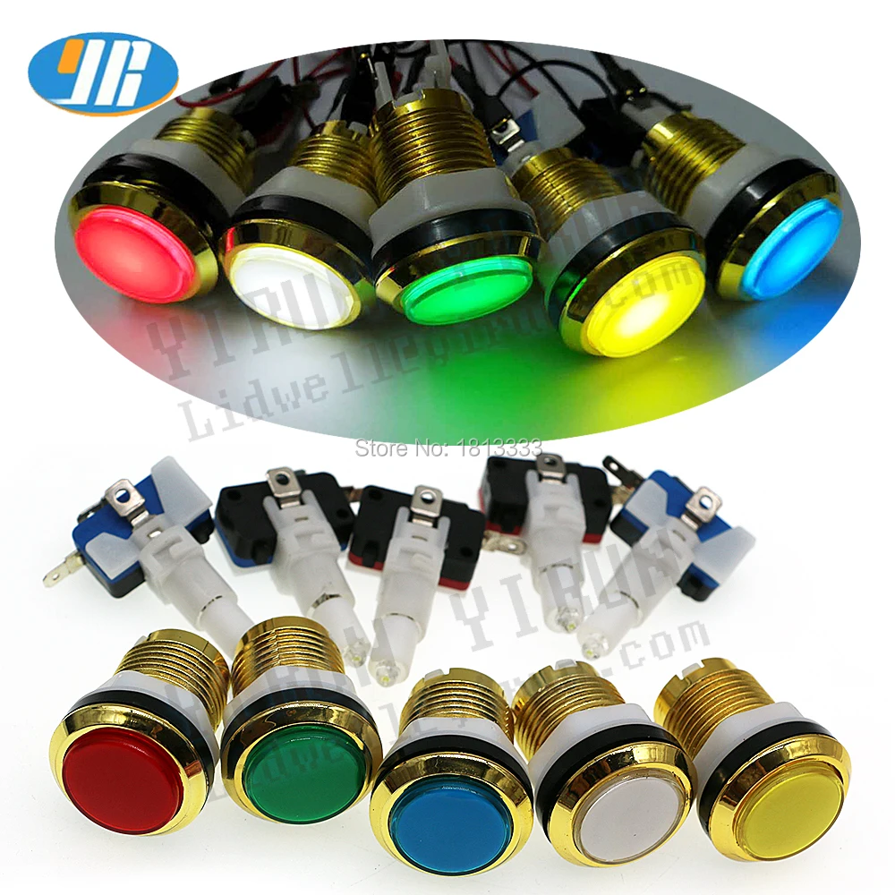 

10pcs 32mm arcade push button 5V 12V Chrome plated gold push button illuminated button switch 5 colors for Arcade DIY Joystick