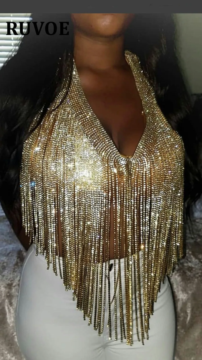 

2019 Glitter Nightclub Backless Rhinestone Halter Tank Top Women Sexy Metal Crystal Diamonds Night Club Party Wear Crop Top K-43