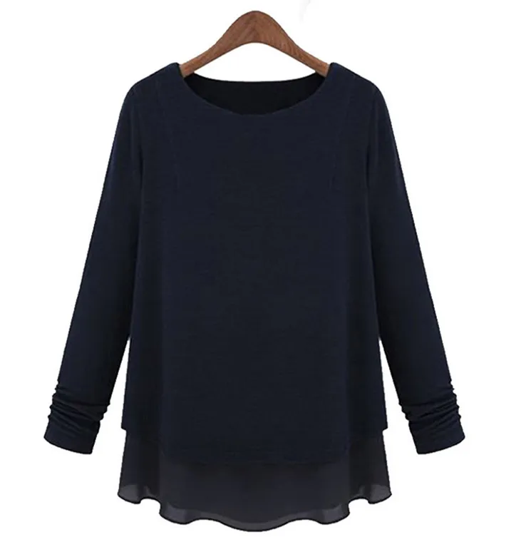 

5XL Plus Size Women Shirt Long sleeves Loose Black Large Big Size Female Tops Autumn Cotton Splice Chiffon Fake Two Piece Blouse