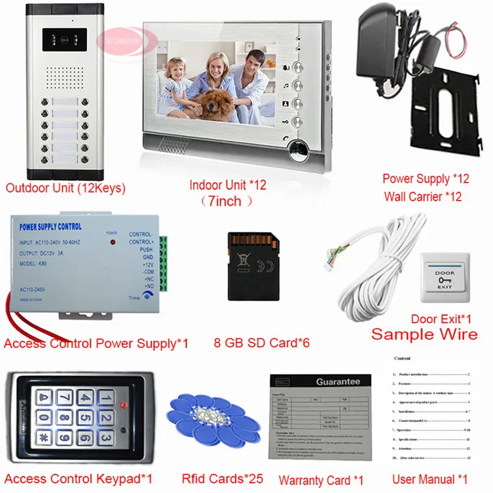 7 дюймов домашний видео домофон + SD карта видеодомофон с записью 12 мониторов система внутренней связи клавиатура система контроля доступа