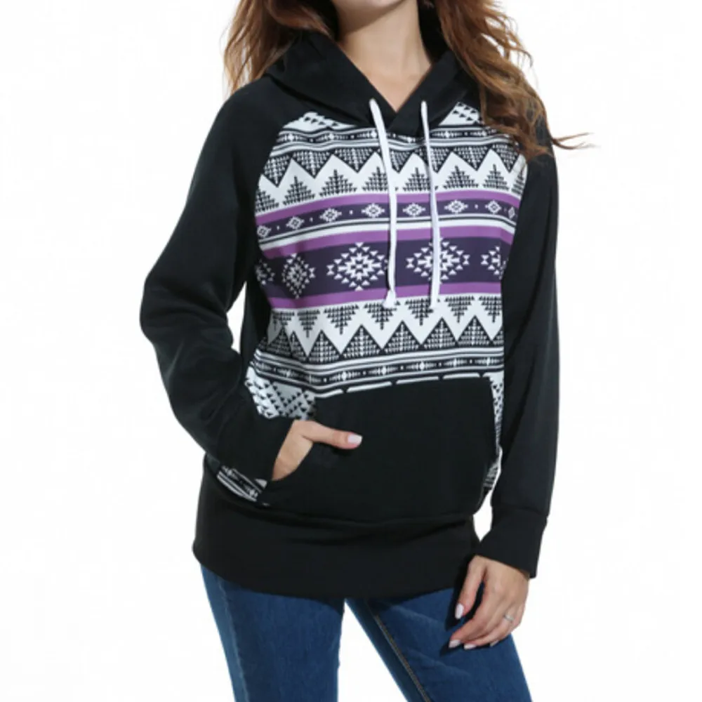 Новый для женщин свитер с капюшоном геометрическим принтом карман длинным рукавом пуловер повседневное