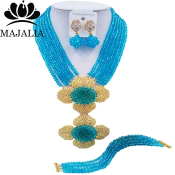 

Majalia Classic Nigerian Wedding African Jewelery Set Lake blue Crystal Necklace Bride Jewelry Set Free Shipping 6CL015